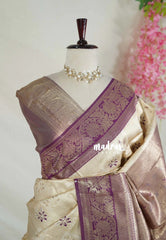 Ivory with Gold - Thendral - Kanchi Semi Silk Flower Border with Buttas - Best for Diwali Festive