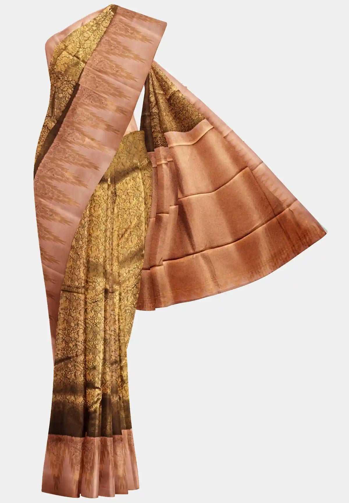 Thendral - Kanchi semi silk Saree vanasingaram with temple border - Brown with peach border