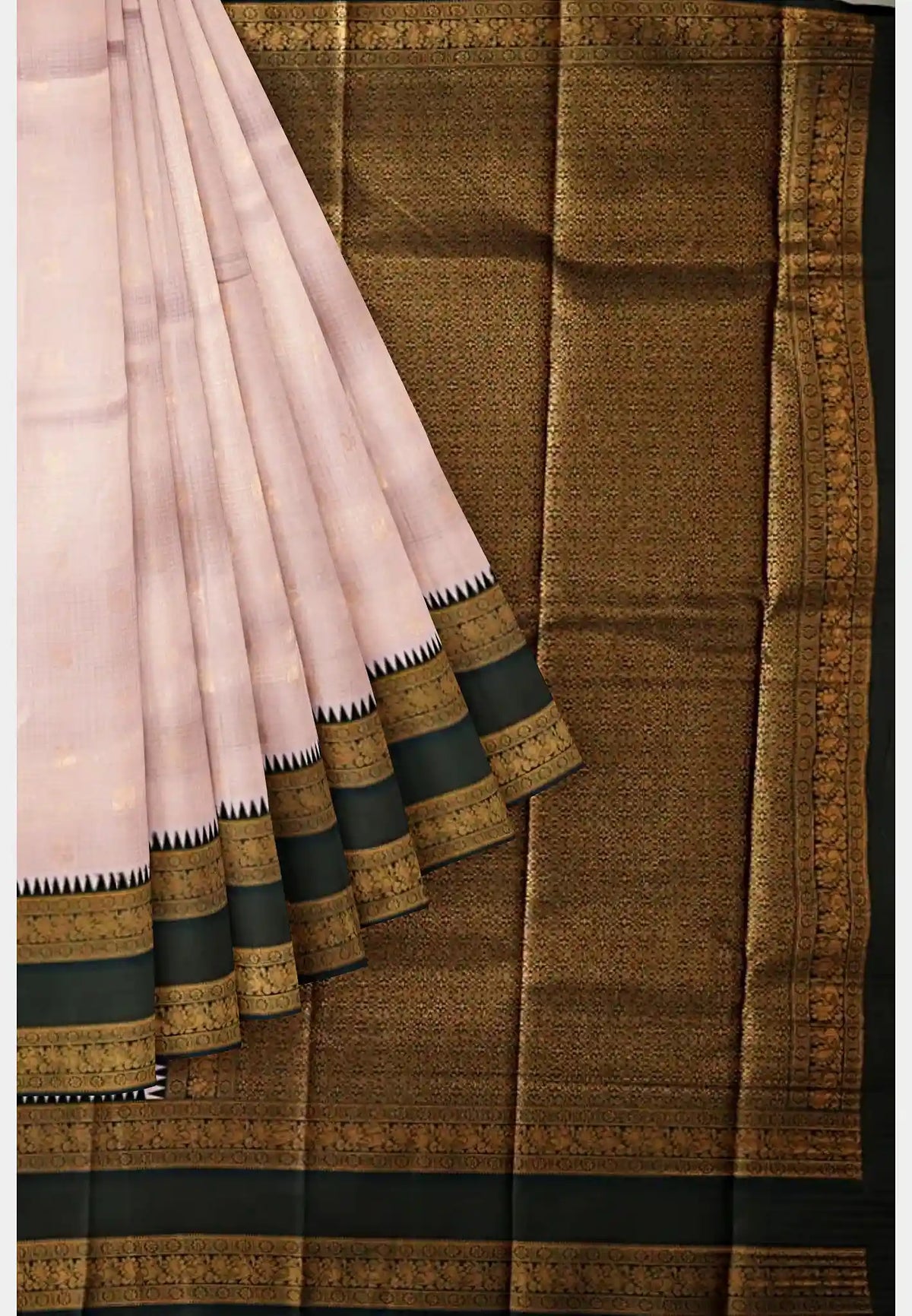 Thendral - Kanchi semi silk mayil checks body rettapetta border - Babypink with black border