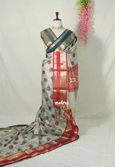 Dual Shade Grey Green - Thendral - Kanchi Semi Silk Saree Checks with Buttas and Ganga Jamuna Border - Perfect for Wedding Functions