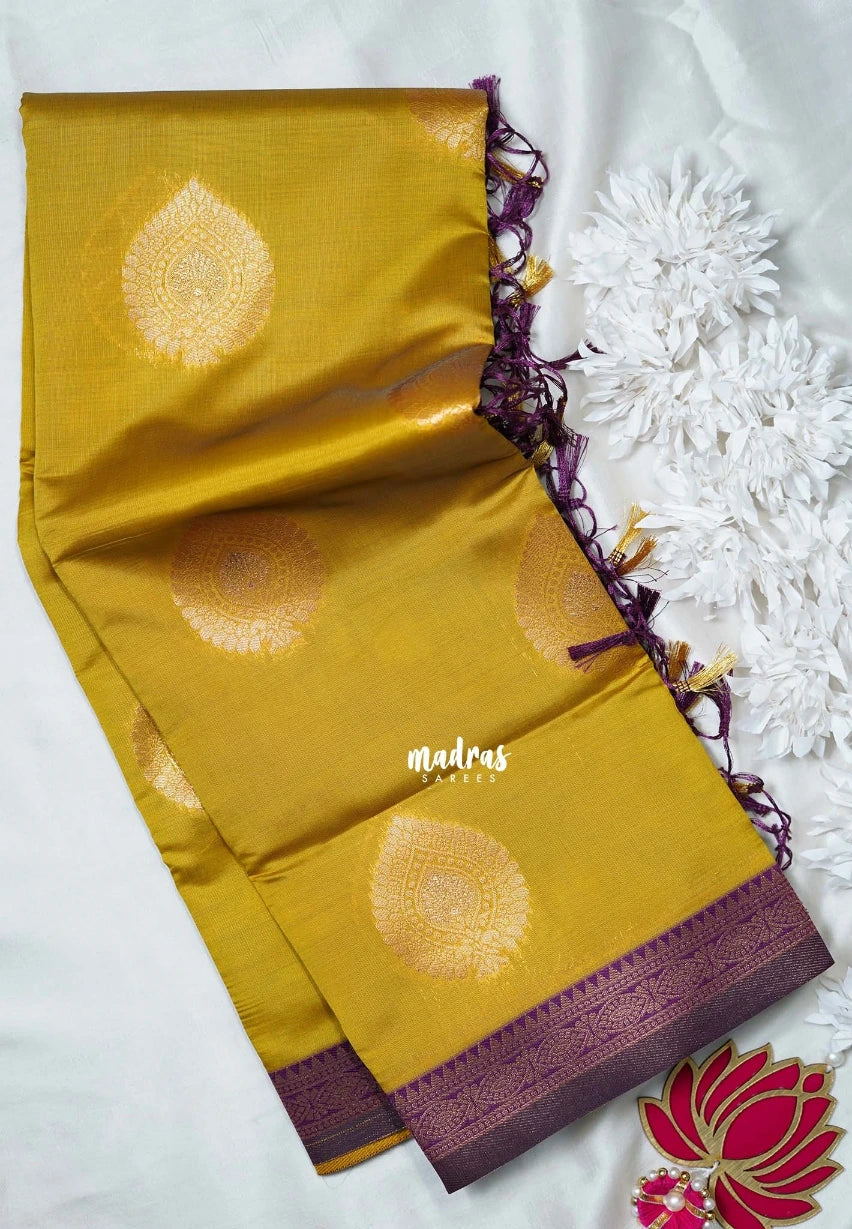 Greenish Yellow - Thendral - Kanchi Semi Silk Small Border with Contrast Pallu and Blouse - Best for Pooja Functions | Diwali Festive