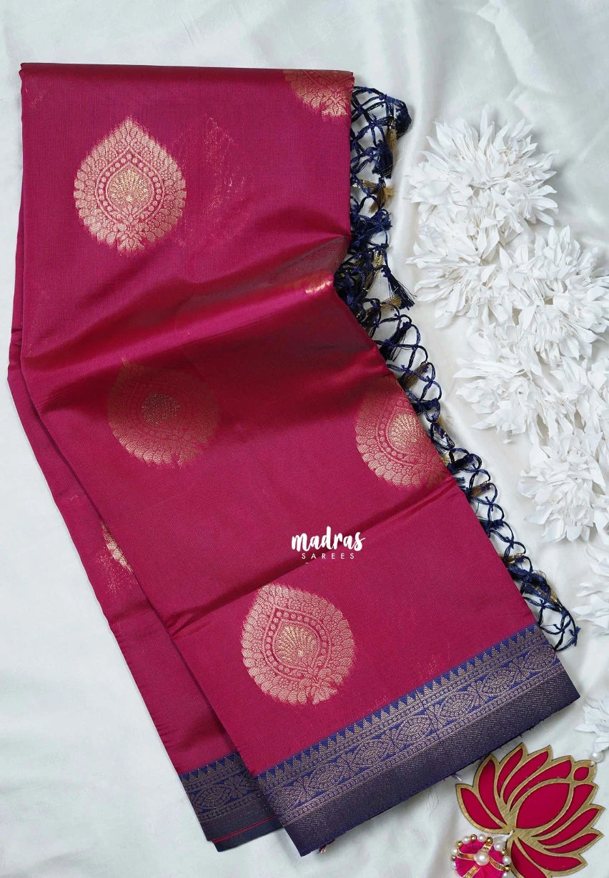 Raspberry Pink - Thendral - Kanchi Semi Silk Small Border with Contrast Pallu and Blouse - Best for Pooja Functions | Diwali Festive