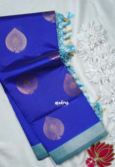 MS Amma Blue - Thendral - Kanchi Semi Silk Small Border with Contrast Pallu and Blouse - Best for Pooja Functions | Diwali Festive