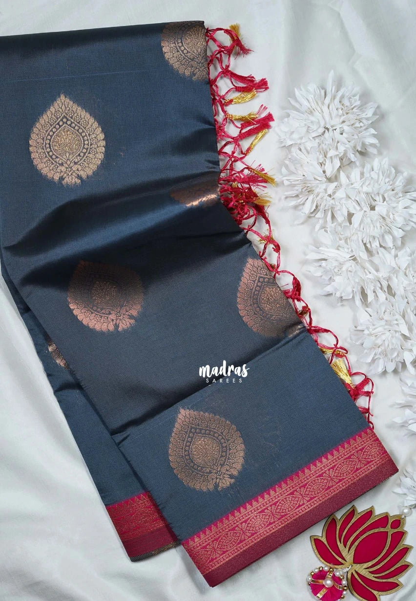 Bluish Grey - Thendral - Kanchi Semi Silk Small Border with Contrast Pallu and Blouse - Best for Pooja Functions | Diwali Festive