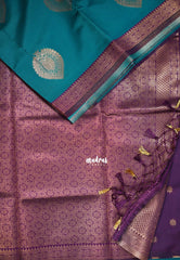 Teal Blue - Thendral - Kanchi Semi Silk Small Border with Contrast Pallu and Blouse - Best for Pooja Functions | Diwali Festive