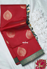 Spicy Red - Thendral - Kanchi Semi Silk Small Border with Contrast Pallu and Blouse - Best for Pooja Functions | Diwali Festive