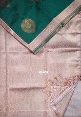Dark Emerald Green - Thendral - Kanchi Semi Silk Small Border with Contrast Pallu and Blouse - Best for Pooja Functions | Diwali Festive