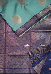 Seafoam Green - Thendral - Kanchi Semi Silk Small Border with Contrast Pallu and Blouse - Best for Pooja Functions | Diwali Festive