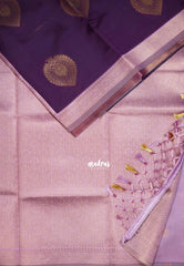 Dark Jamun Purple - Thendral - Kanchi Semi Silk Small Border with Contrast Pallu and Blouse - Best for Pooja Functions | Diwali Festive