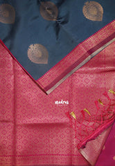 Bluish Grey - Thendral - Kanchi Semi Silk Small Border with Contrast Pallu and Blouse - Best for Pooja Functions | Diwali Festive