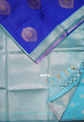 MS Amma Blue - Thendral - Kanchi Semi Silk Small Border with Contrast Pallu and Blouse - Best for Pooja Functions | Diwali Festive