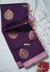 Dark Jamun Purple - Thendral - Kanchi Semi Silk Small Border with Contrast Pallu and Blouse - Best for Pooja Functions | Diwali Festive