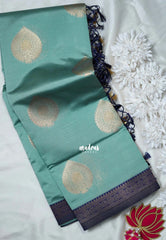 Seafoam Green - Thendral - Kanchi Semi Silk Small Border with Contrast Pallu and Blouse - Best for Pooja Functions | Diwali Festive
