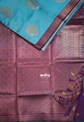 Light Cyan Blue - Thendral - Kanchi Semi Silk Small Border with Contrast Pallu and Blouse - Best for Pooja Functions | Diwali Festive