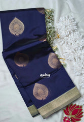 Navy Blue - Thendral - Kanchi Semi Silk Small Border with Contrast Pallu and Blouse - Best for Pooja Functions | Diwali Festive
