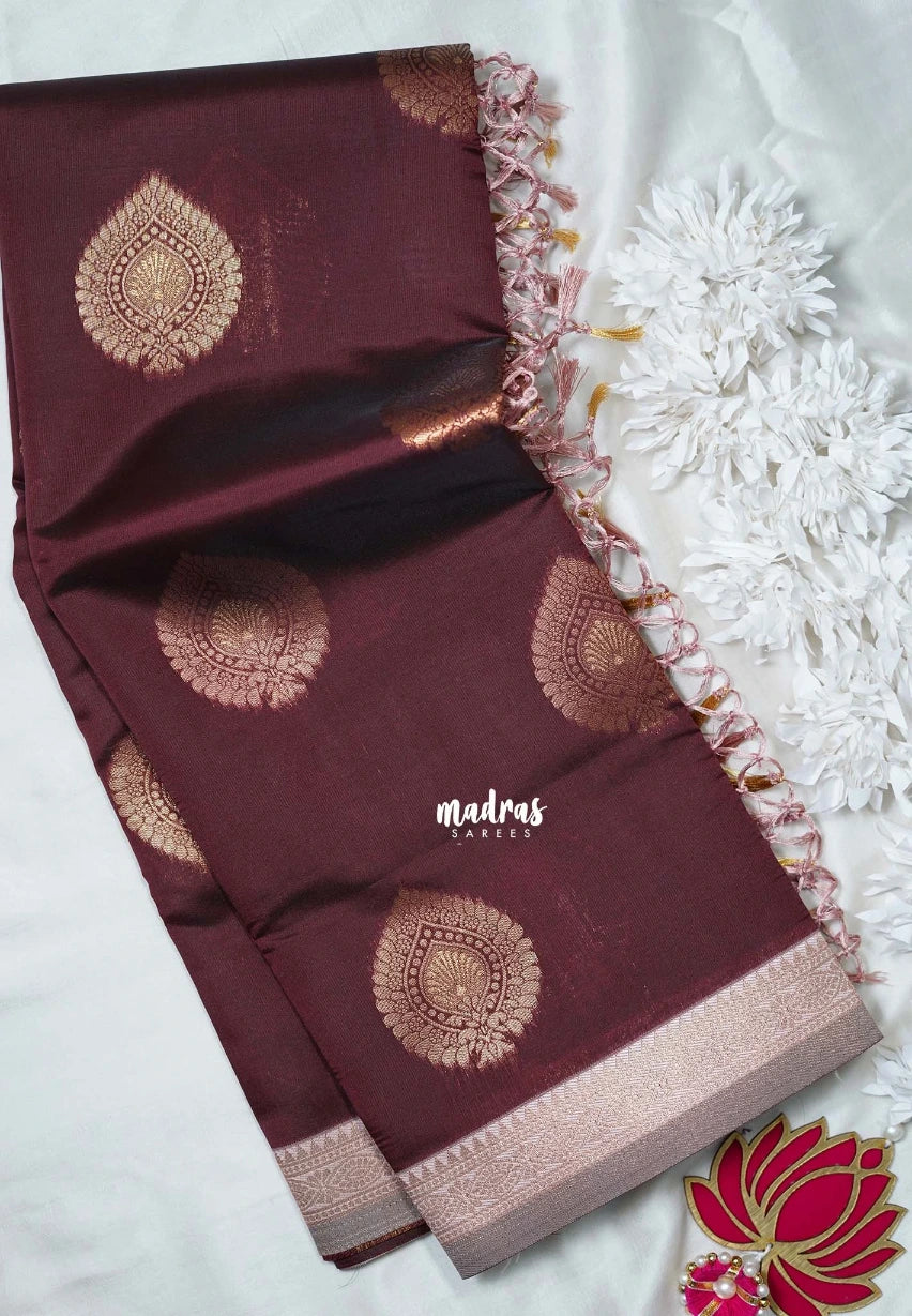 Coffee Brown - Thendral - Kanchi Semi Silk Small Border with Contrast Pallu and Blouse - Best for Pooja Functions | Diwali Festive