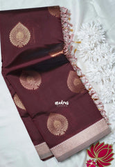 Coffee Brown - Thendral - Kanchi Semi Silk Small Border with Contrast Pallu and Blouse - Best for Pooja Functions | Diwali Festive