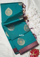 Teal Blue - Thendral - Kanchi Semi Silk Small Border with Contrast Pallu and Blouse - Best for Pooja Functions | Diwali Festive