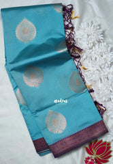 Light Cyan Blue - Thendral - Kanchi Semi Silk Small Border with Contrast Pallu and Blouse - Best for Pooja Functions | Diwali Festive