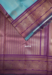 Turquoise Blue - Thendral - Kanchi Semi Silk Zari Checks Weaving with Temple Sculpture Weaving Border - Best for Pooja Functions