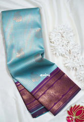 Turquoise Blue - Thendral - Kanchi Semi Silk Zari Checks Weaving with Temple Sculpture Weaving Border - Best for Pooja Functions