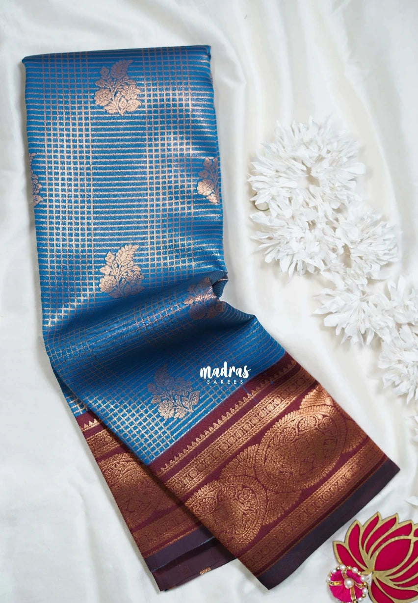 Peacock Blue - Thendral - Kanchi Semi Silk Zari Checks Weaving with Temple Sculpture Weaving Border - Best for Pooja Functions