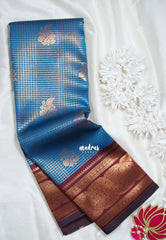 Peacock Blue - Thendral - Kanchi Semi Silk Zari Checks Weaving with Temple Sculpture Weaving Border - Best for Pooja Functions