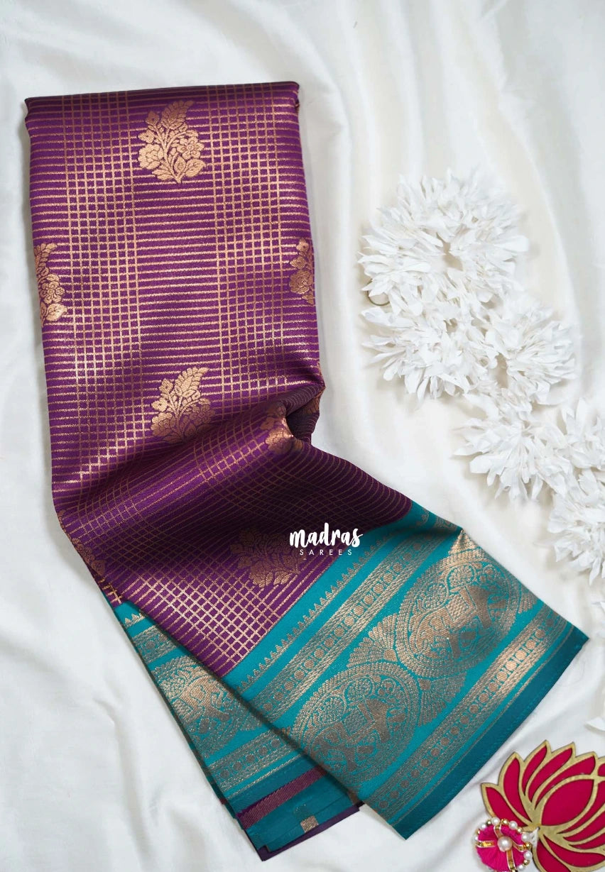 Jamun Purple with Teal - Thendral - Kanchi Semi Silk Zari Checks Weaving with Temple Sculpture Weaving Border - Best for Wedding Functions