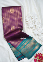 Jamun Purple with Teal - Thendral - Kanchi Semi Silk Zari Checks Weaving with Temple Sculpture Weaving Border - Best for Wedding Functions