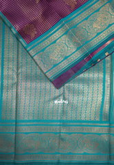 Jamun Purple with Teal - Thendral - Kanchi Semi Silk Zari Checks Weaving with Temple Sculpture Weaving Border - Best for Wedding Functions