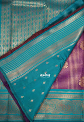 Jamun Purple with Teal - Thendral - Kanchi Semi Silk Zari Checks Weaving with Temple Sculpture Weaving Border - Best for Wedding Functions