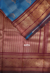 Peacock Blue - Thendral - Kanchi Semi Silk Zari Checks Weaving with Temple Sculpture Weaving Border - Best for Pooja Functions