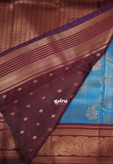 Peacock Blue - Thendral - Kanchi Semi Silk Zari Checks Weaving with Temple Sculpture Weaving Border - Best for Pooja Functions