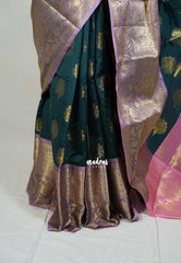 Midnight Green - Thendral - Kanchi Semi Silk Traditional Border with Contrast Pallu and Blouse - Best for Pooja Functions