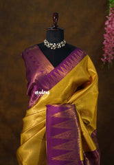 Golden Yellow - Thendral - Kanchi semi silk with zari weaving body with temple border - Perfect for Wedding Functions