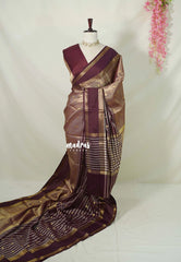 Wine Maroon with Gold - Thendral - Kanchi Tissue Soft Silk Half and Half Saree with Rettapet Border - Best for Wedding Functions