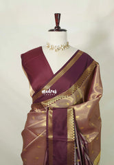 Wine Maroon with Gold - Thendral - Kanchi Tissue Soft Silk Half and Half Saree with Rettapet Border - Best for Wedding Functions