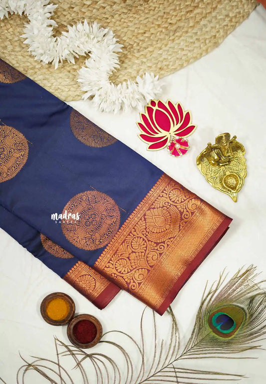 Thendral - Kanchi semi silk Saree round buttas - Navy blue