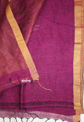 Thoolika - Pure 120 count Organic linen saree with tulip weaving in gold and silver - Winered