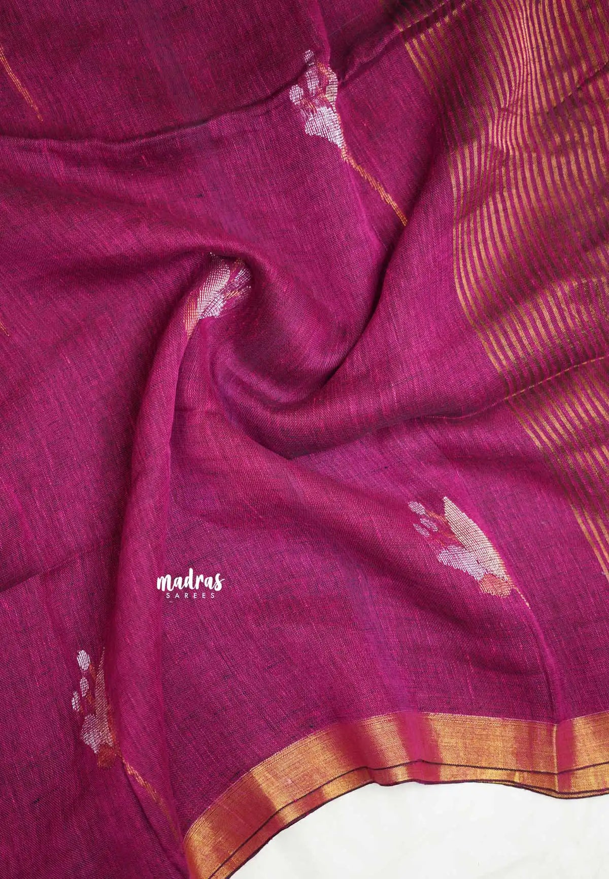 Thoolika - Pure 120 count Organic linen saree with tulip weaving in gold and silver - Winered