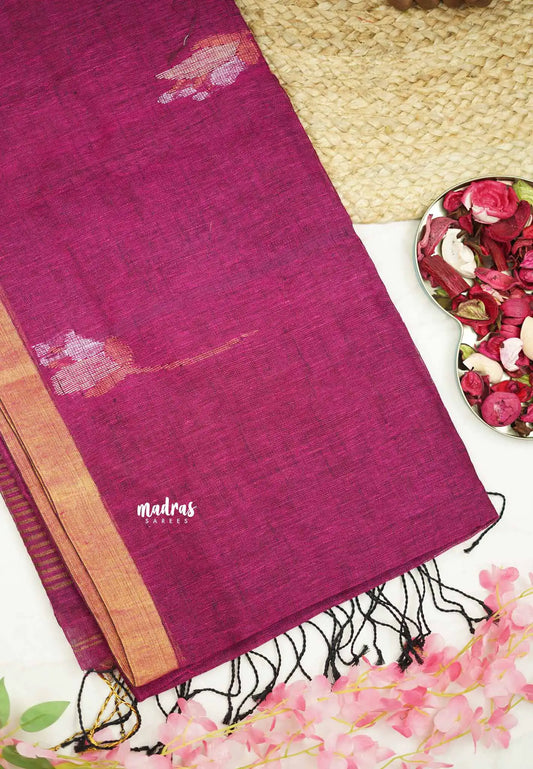 Thoolika - Pure 120 count Organic linen saree with tulip weaving in gold and silver - Winered