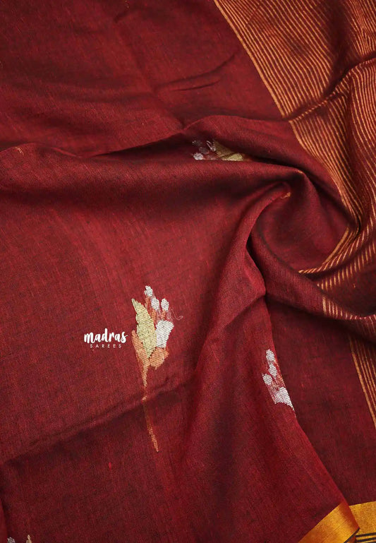 Thoolika - Pure 120 count Organic linen saree with tulip weaving in gold and silver - Maroon