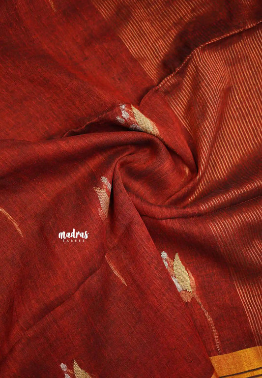 Thoolika - Pure 120 count Organic linen saree with tulip weaving in gold and silver - Red