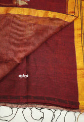 Thoolika - Pure 120 count Organic linen saree with tulip weaving in gold and silver - Maroon