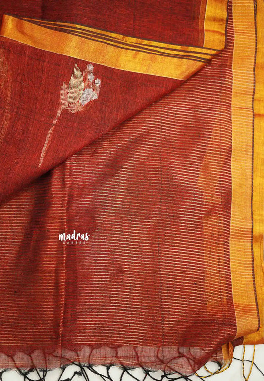 Thoolika - Pure 120 count Organic linen saree with tulip weaving in gold and silver - Red