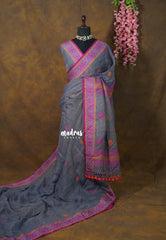 Cool Grey - Thoolika - Organic Linen Handloom Silk Thread Border and Pallu - Perfect for Office Wear