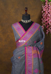 Cool Grey - Thoolika - Organic Linen Handloom Silk Thread Border and Pallu - Perfect for Office Wear