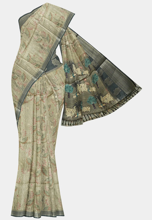 Thulasi - Fusion Semi Raw silk with kalamkari prints - Mehendi green