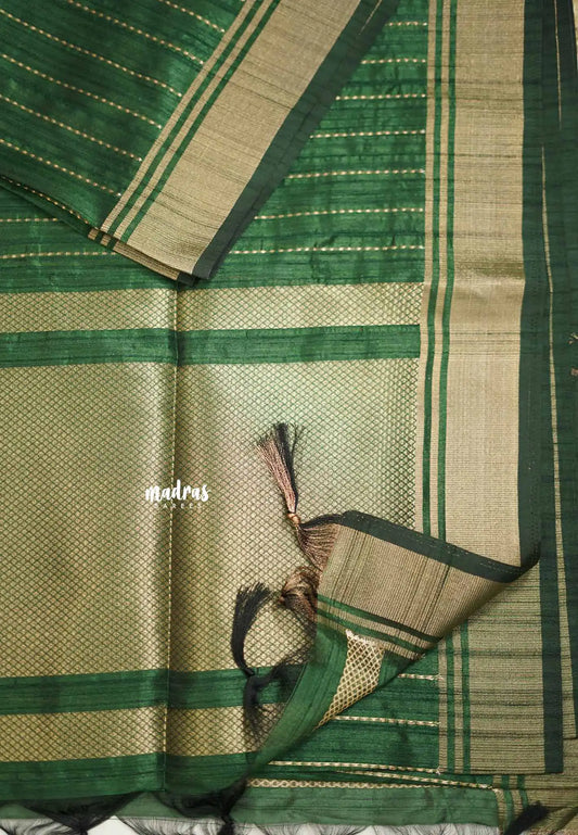 Thulasi - Semi raw silk with stripes weaving - Bottle green