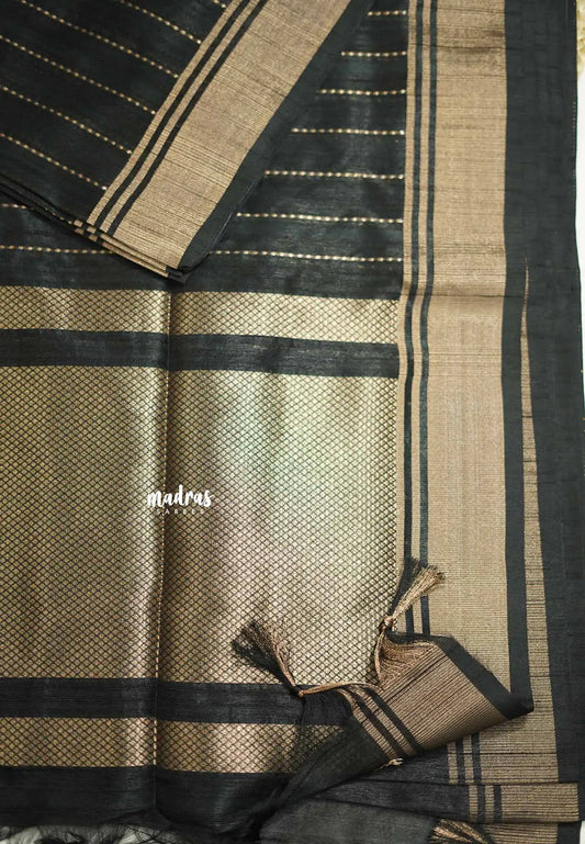 Thulasi - Semi raw silk with stripes weaving - Black